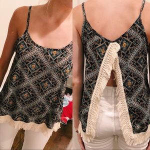 Surf Gypsy Blue Patterned Tank with Fringe Detail